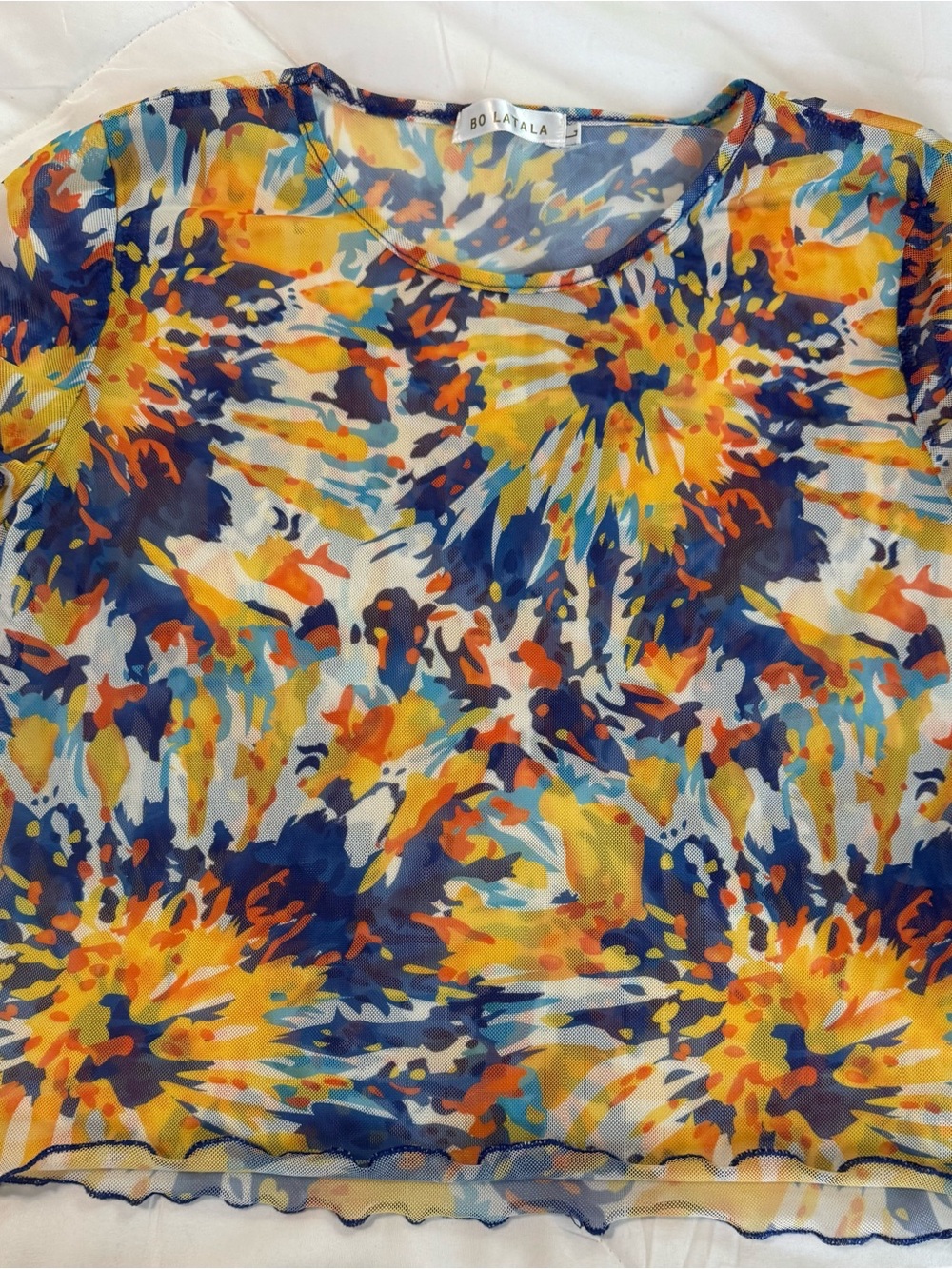 BO/LALALA Sheer Floral-Print Crop Top in Blue & Yellow